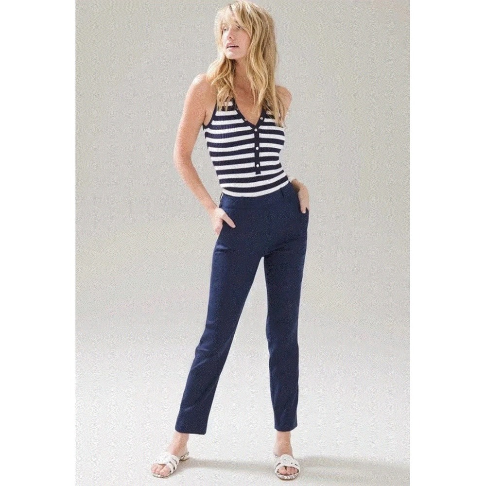 White House Black Market WHBM Navy Linen Slim Ankle Pants 00R Officer Blue NEW